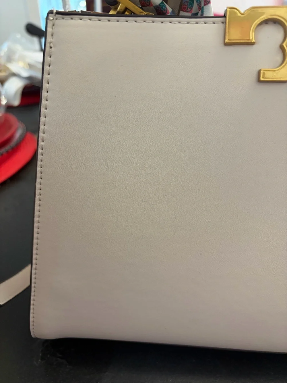 Tory Burch $700 Cream Eleanor Spazoletto Satchel with Gold Logo and Ribbon